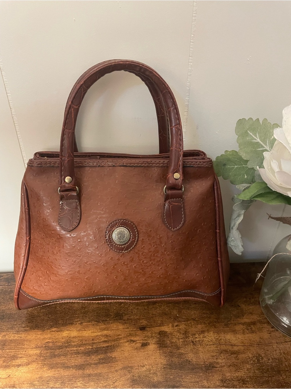 Rivage Classic Brown Top-Handle Satchel with Embossed Texture (Rare)
